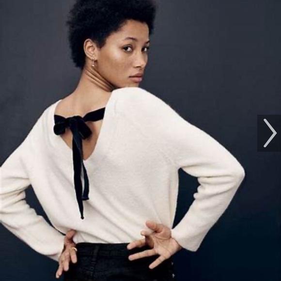 J. Crew Cream V Back Sweater With Black Velvet Tie S - Picture 1 of 7